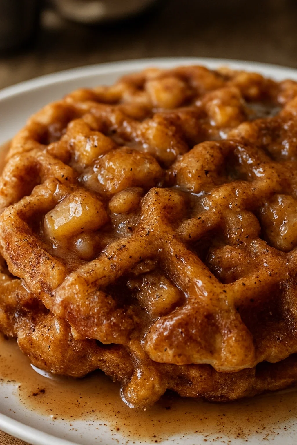 Golden-brown apple fritter waffle donuts with apple pieces visible through the grid pattern