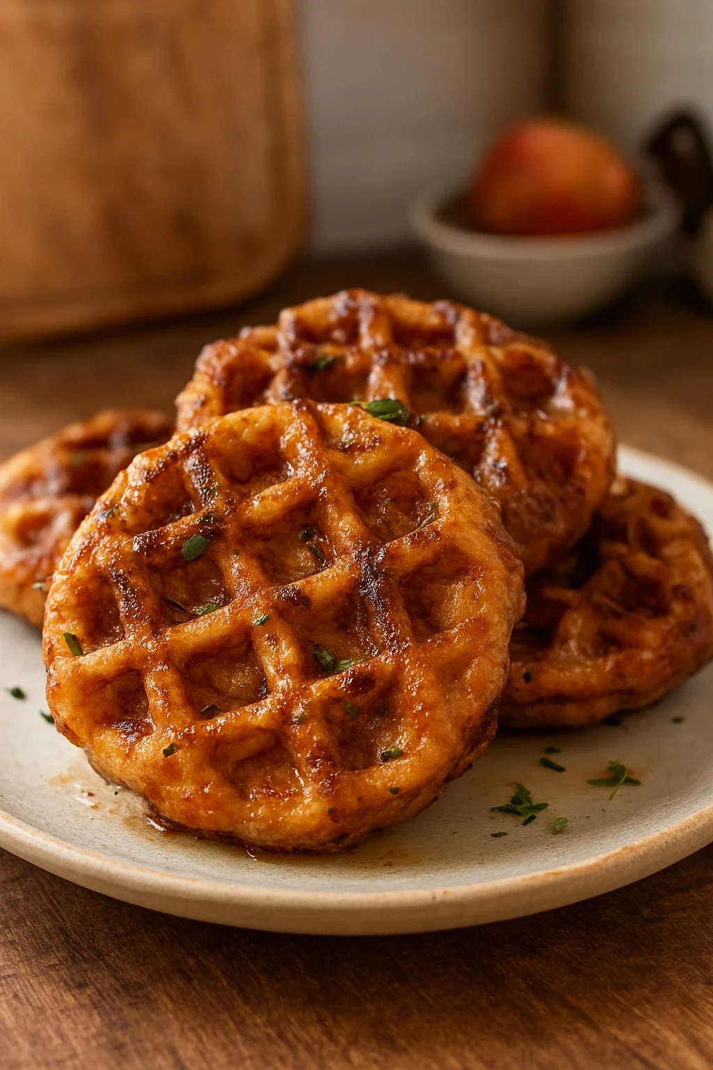 Applying powdered sugar glaze to warm waffle donut using fork, showing glaze consistency