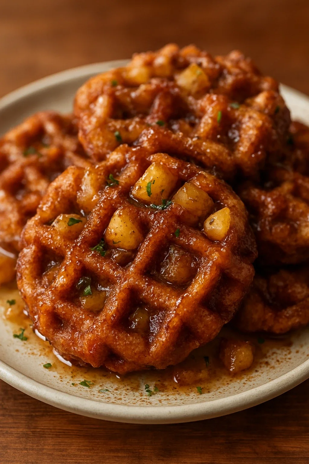 Batter with diced apple pieces being scooped into waffle maker grid showing apple distribution