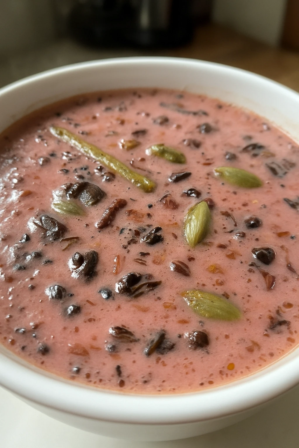 Finished Kashmiri pink chai served in traditional cup with chopped pistachios and almonds garnish