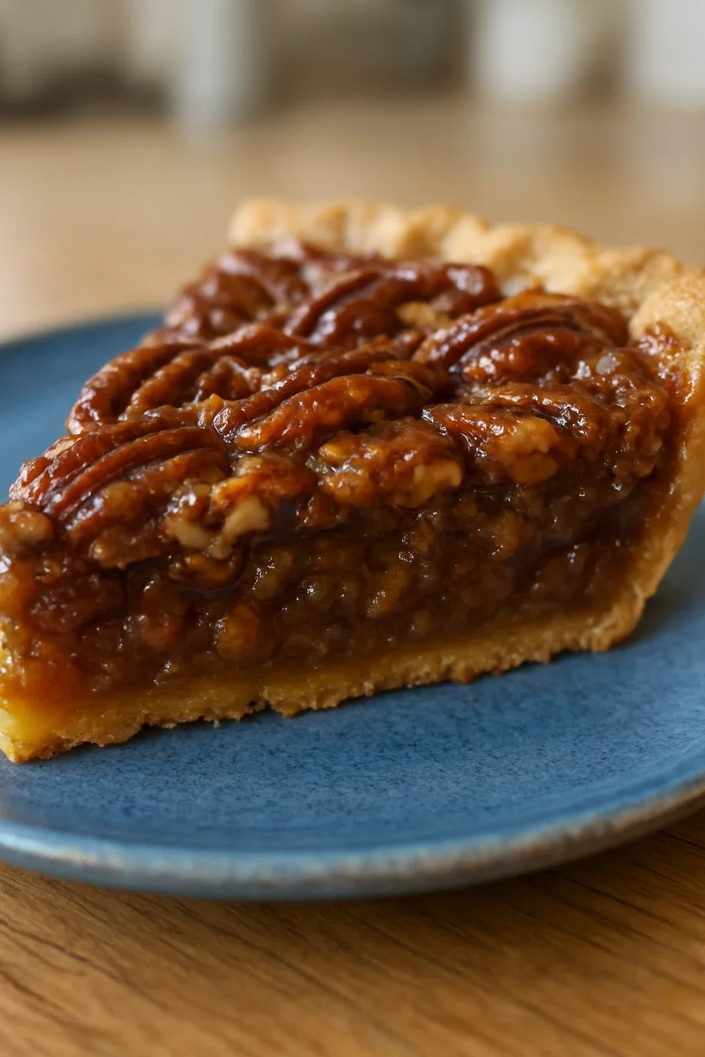 Sliced pecan pie showing golden crust, evenly set custard filling with pecans suspended throughout, clean slice edges