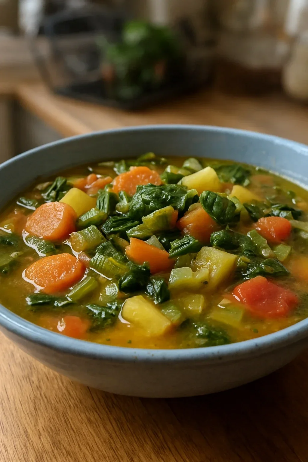 Finished vegetable soup at gentle simmer showing clear golden broth with vibrant vegetables, small steady bubbles at surface