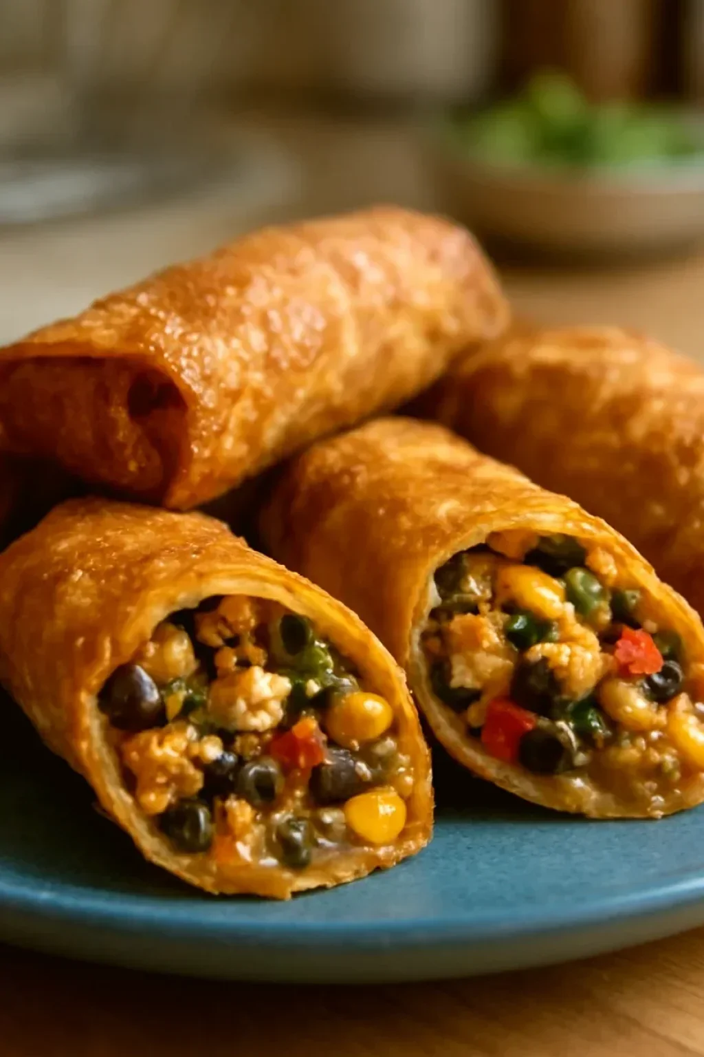 Golden brown southwest eggrolls showing shatteringly crisp exterior, arranged on white ceramic plate with visible filling at cut end revealing shredded chicken, black beans, and melted cheese
