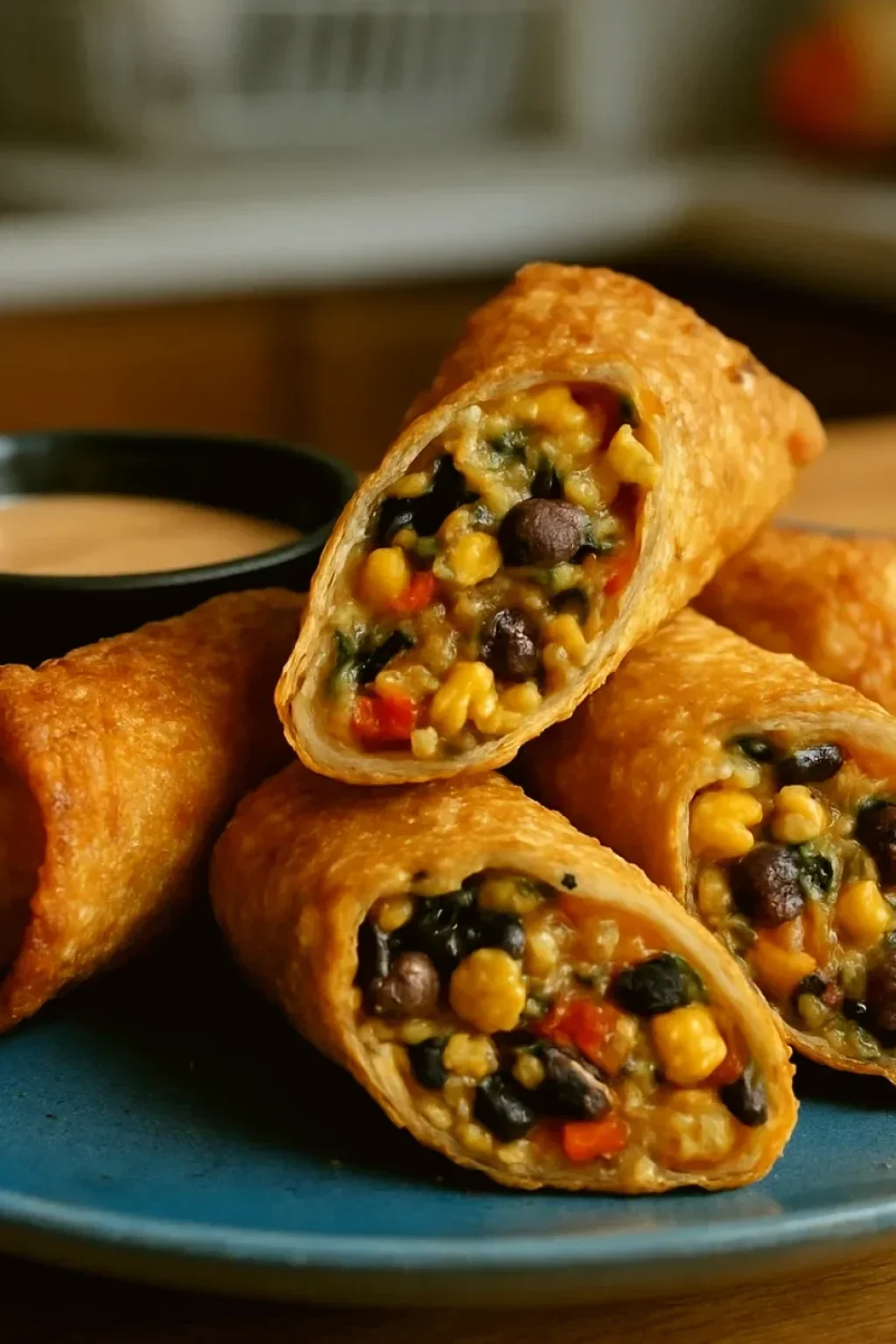 Close-up cross-section of southwest eggroll showing layers of tender wrapper, cooked filling with visible texture of shredded chicken, black beans, corn kernels, red bell pepper pieces, and melted sharp cheddar