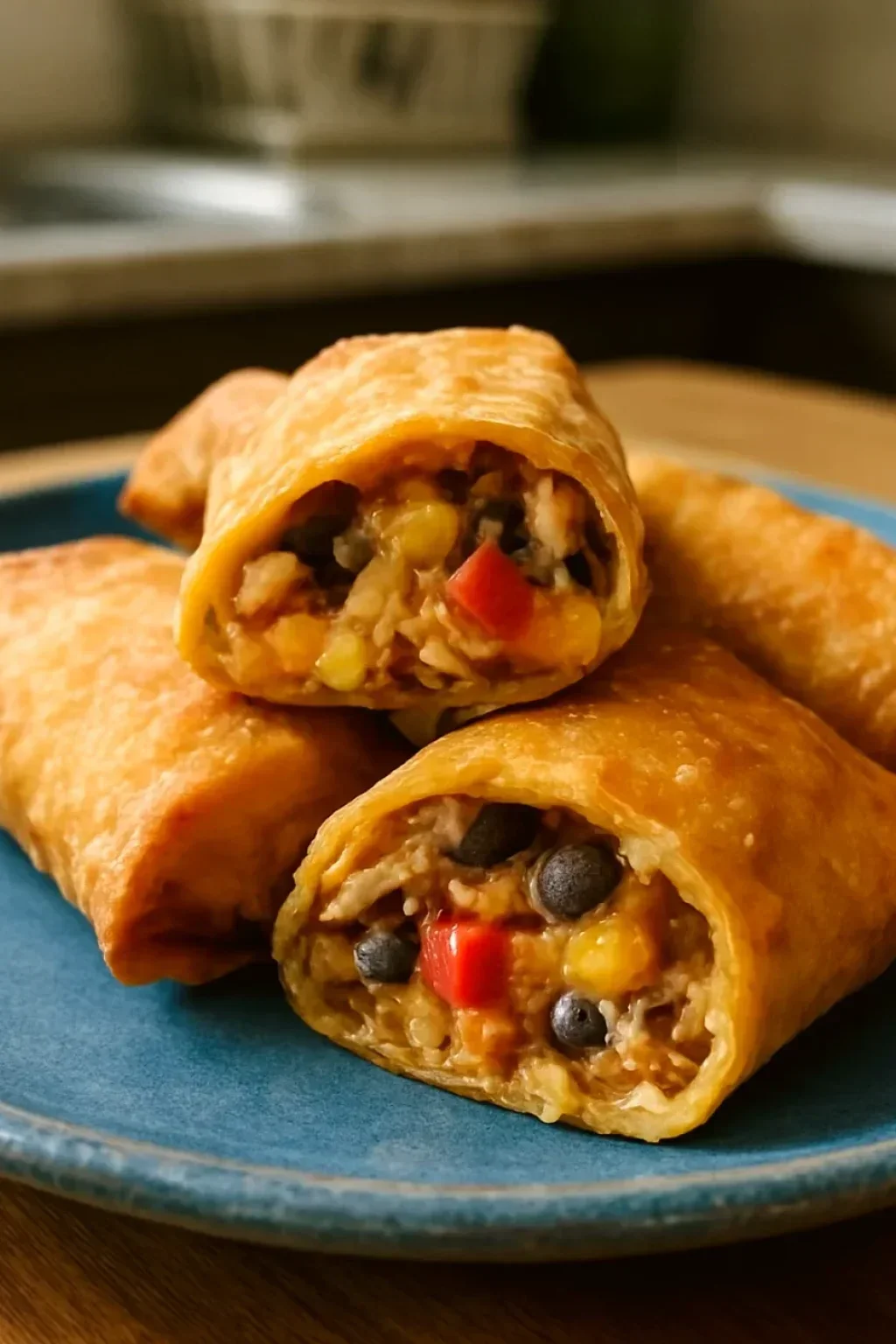 Southwest eggrolls actively frying in oil showing steady bubbling around golden wrappers, visible sizzle indicating proper 350°F oil temperature, steam rising from hot fat