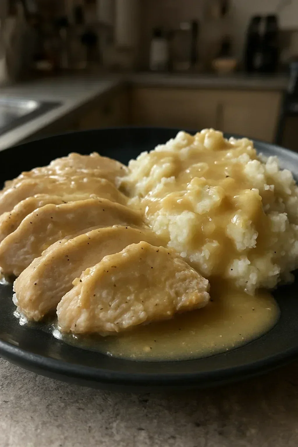 Deglazing slow cooker pan with chicken broth, showing brown fond dissolving into liquid