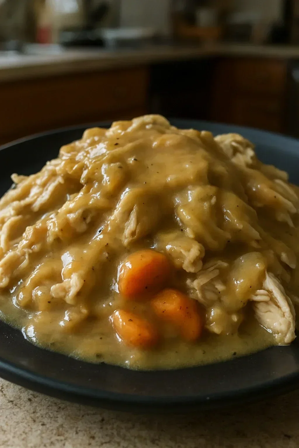 Cooked chicken thighs fork-tender with no resistance, bone clean, meat nearly falling apart