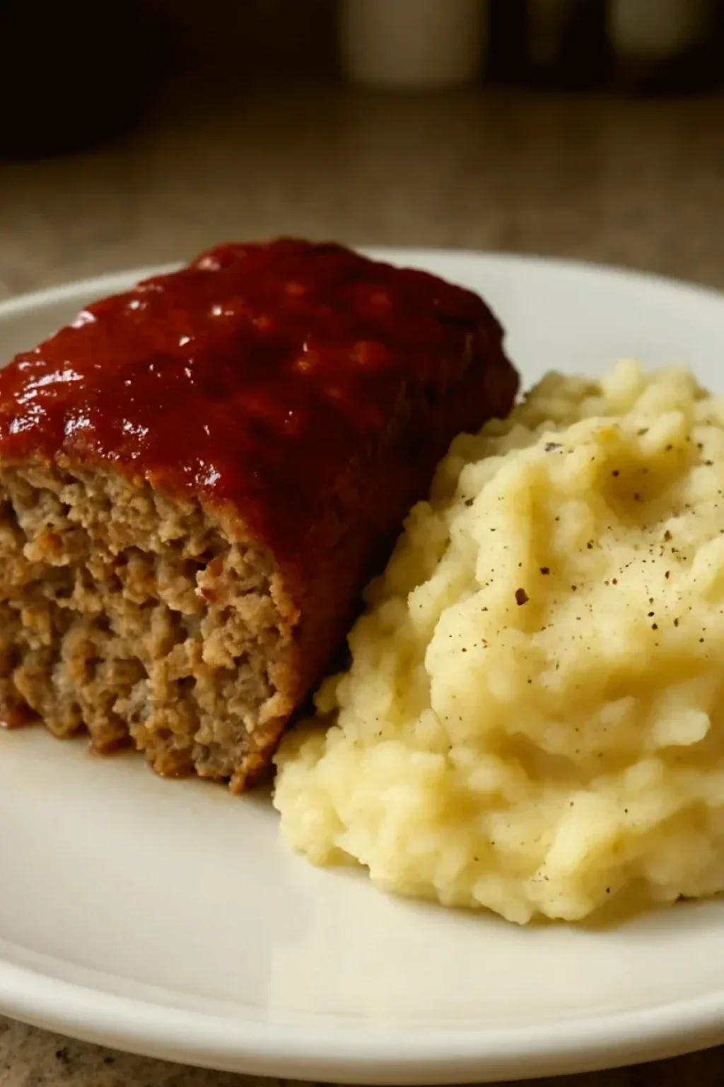 Sliced meatloaf with caramelized ketchup glaze served alongside creamy mashed potatoes on ceramic plate