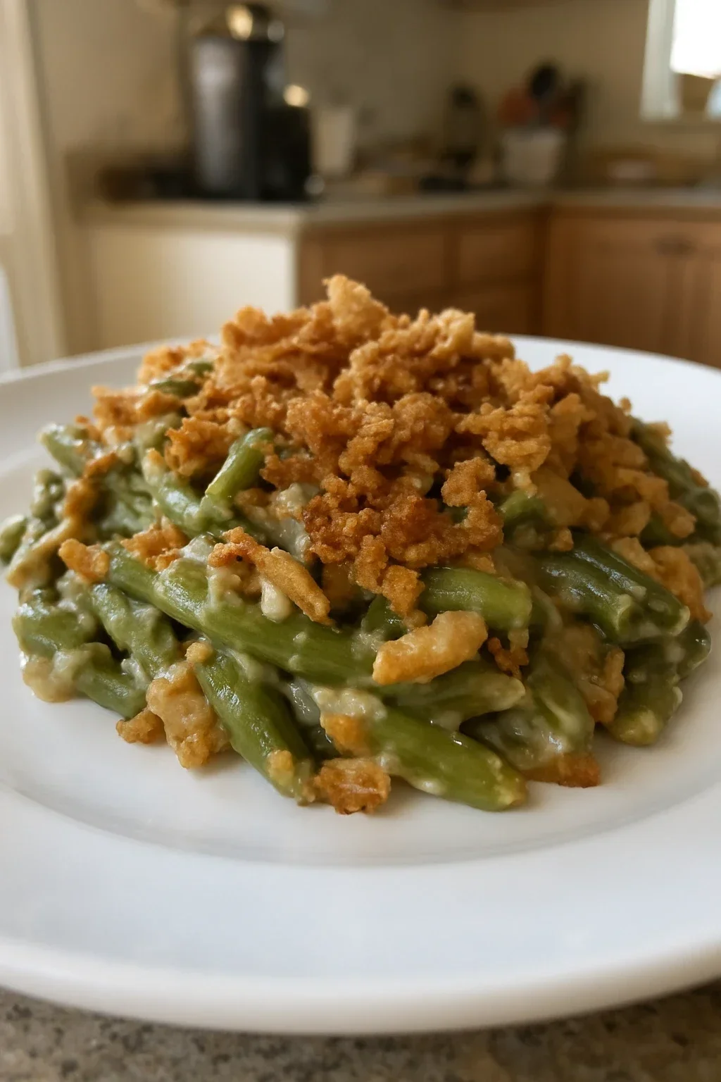 Green bean casserole with golden crispy onion topping just removed from oven, sauce bubbling at edges