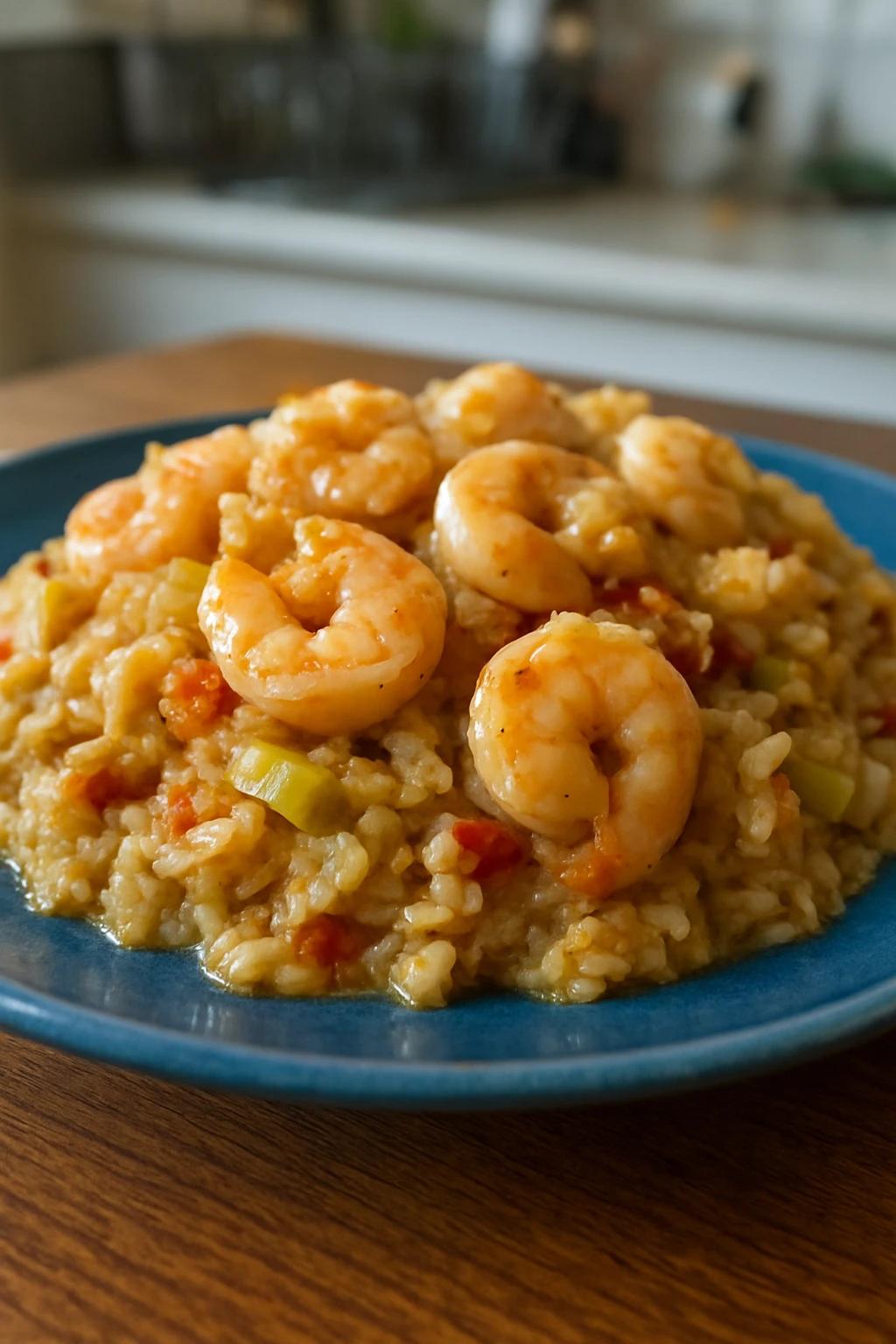 Shrimp searing in hot olive oil with visible spacing between pieces, golden-brown sear developing on underside with steady sizzle