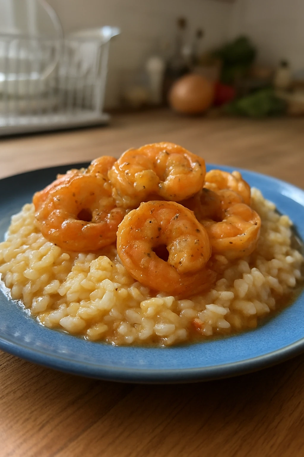 Cooked shrimp with proper opacity, barely-visible translucence at center, pale golden sear on one side, sliced garlic added to pan