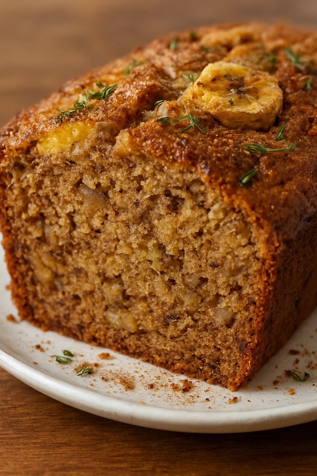 Golden-brown baked banana bread in loaf pan with proper doneness coloring
