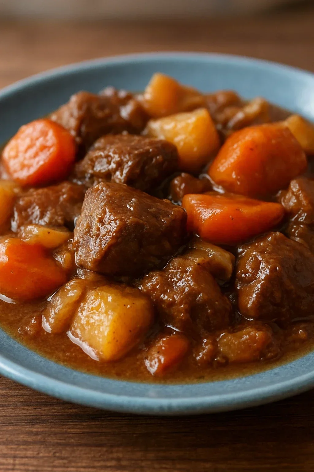 Beef stew at gentle simmer stage, showing small bubbles rising from bottom with small surface disturbance
