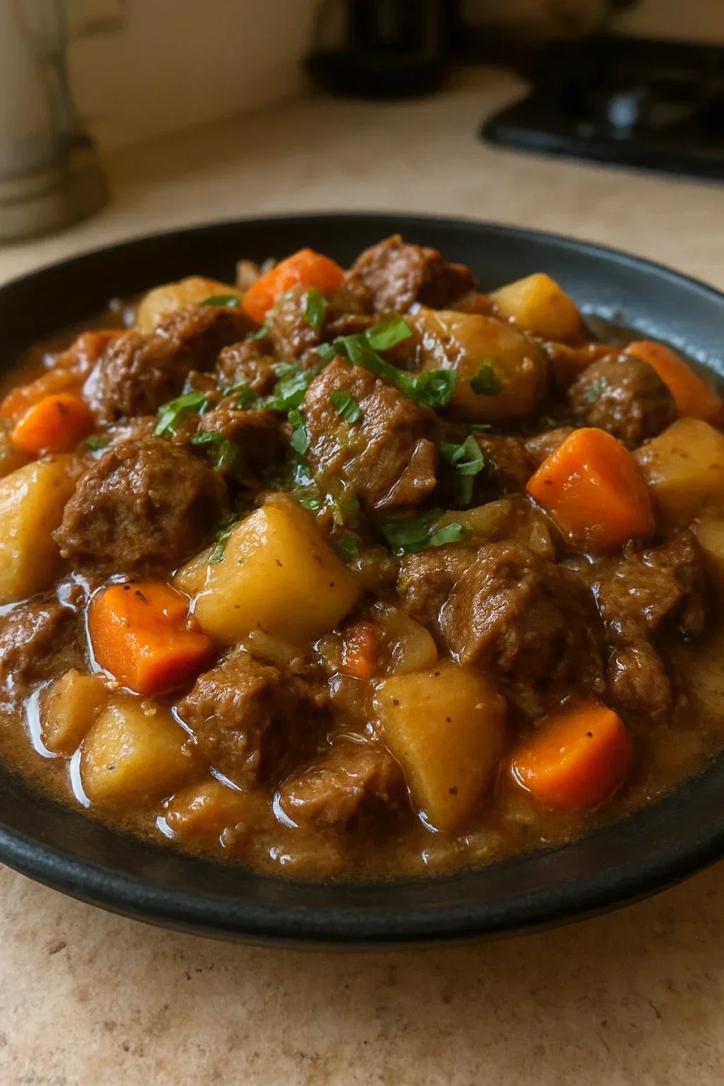 Finished beef stew in white bowl showing tender beef chunks, vegetables, and rich broth, garnished with fresh herbs