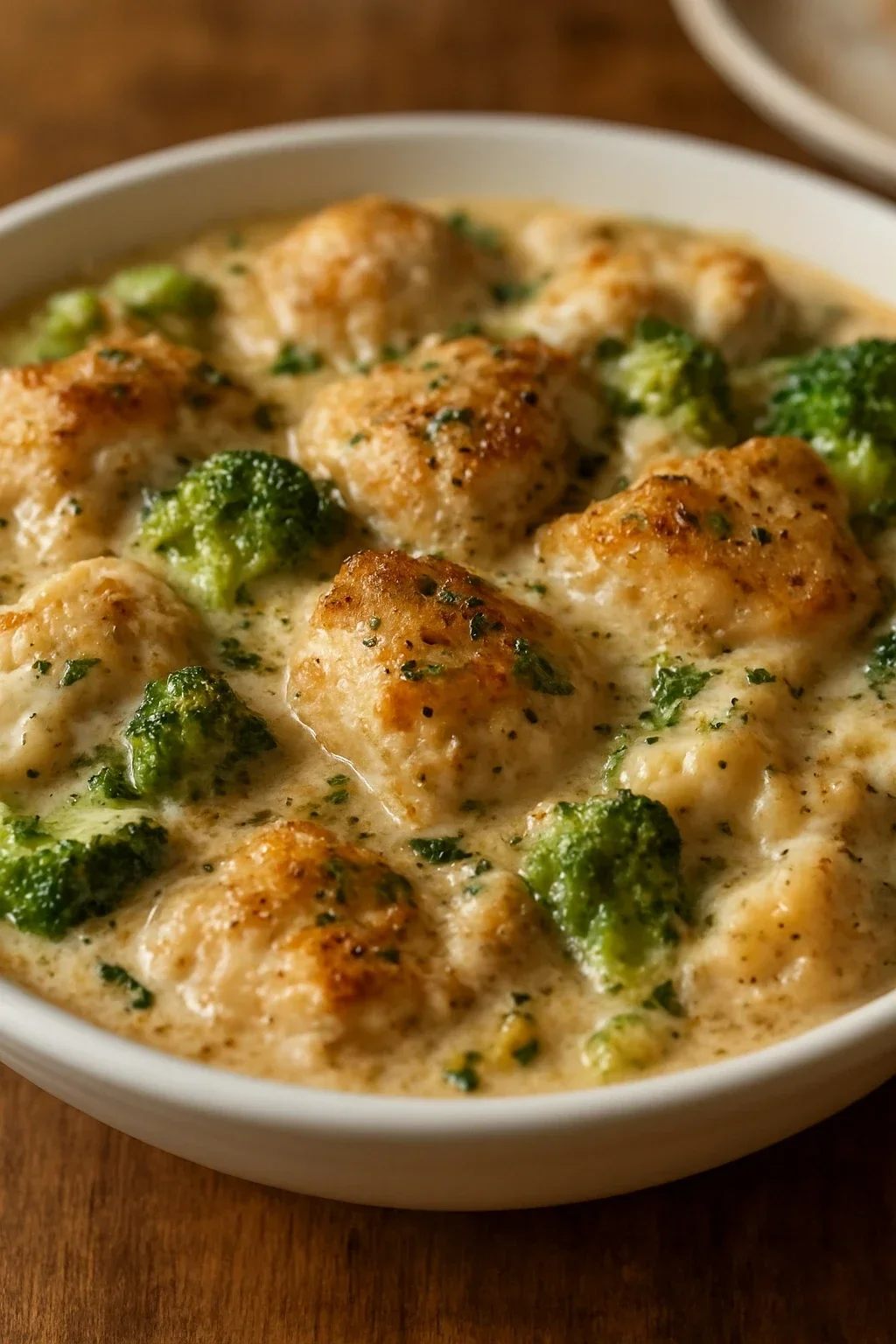 Assembled casserole in baking dish before baking, showing chicken pieces coated in cream sauce with broccoli distributed throughout