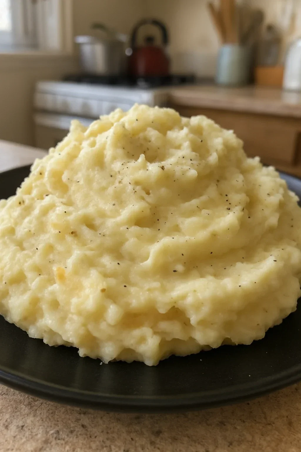 Warm cream being poured in thin stream into mashed potatoes while stirring for emulsification