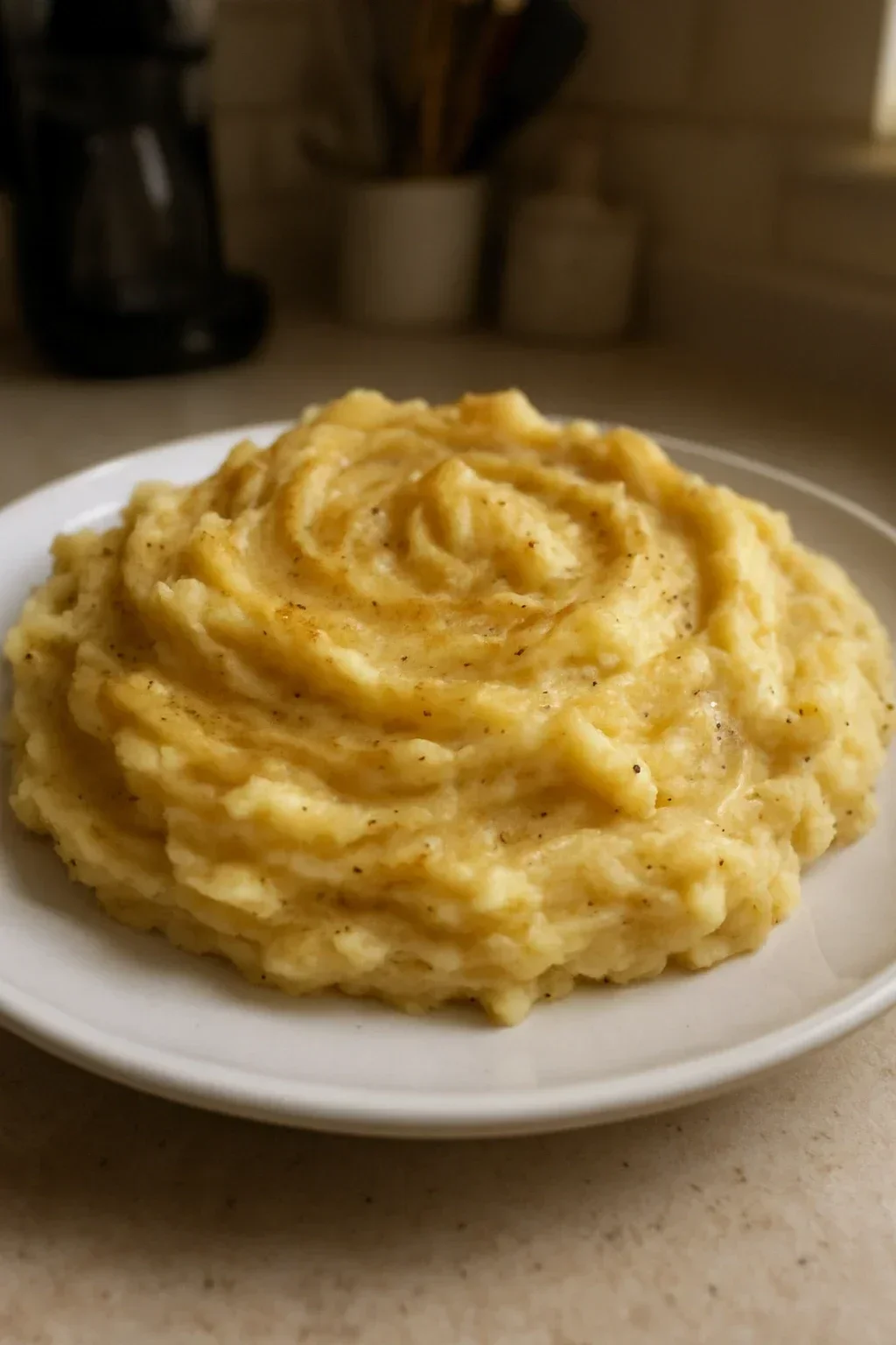 Brown butter being stirred into mashed potatoes, showing creamy emulsion forming as fat incorporates into starch