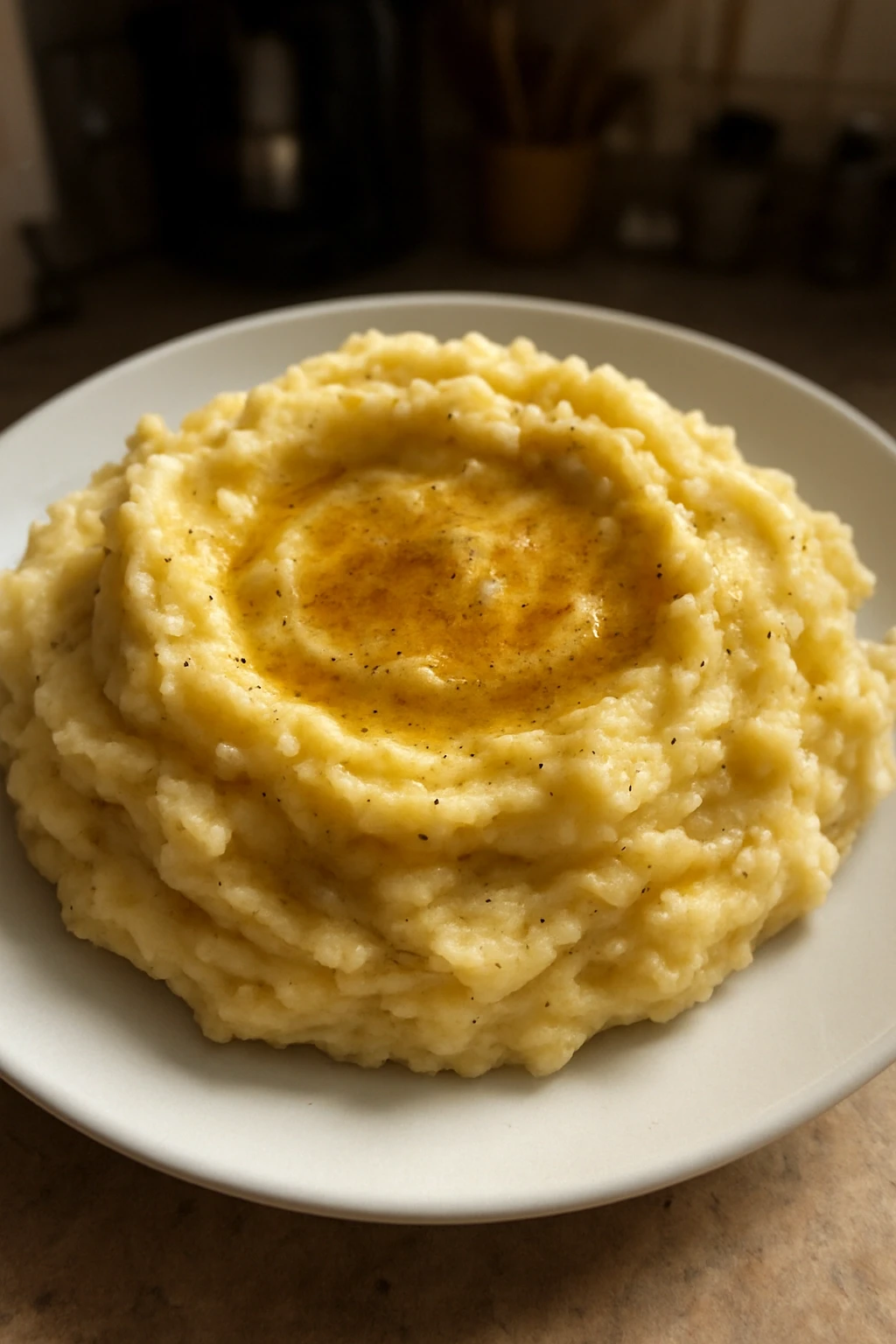 Finished mashed potatoes showing silky, creamy texture with light golden color from brown butter, garnished with fresh chives