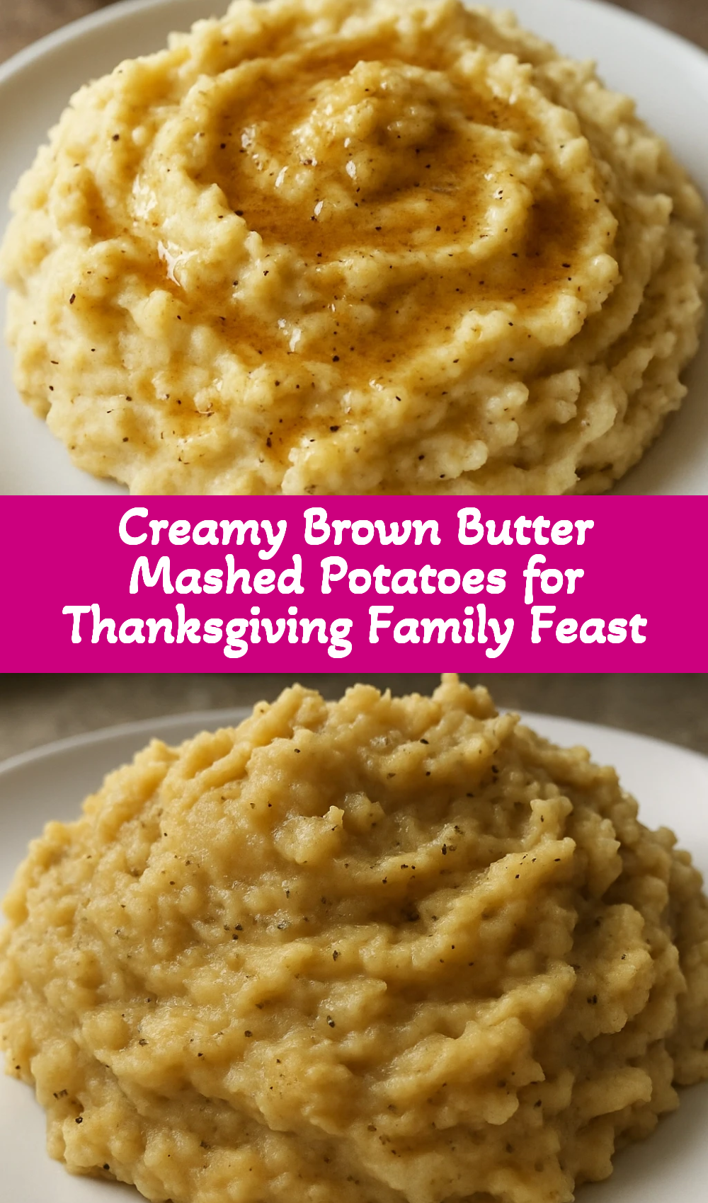 Brown butter mashed potatoes served in white bowl on dining table, ready for serving