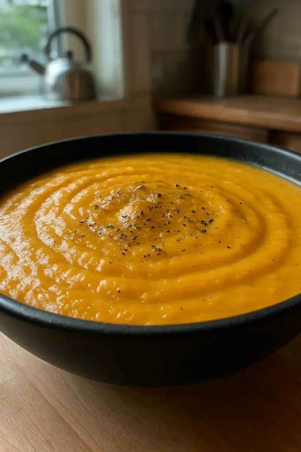 Finished butternut squash soup in white bowl, showing velvety smooth texture and rich orange color, garnished with drizzle of coconut milk and fresh thyme