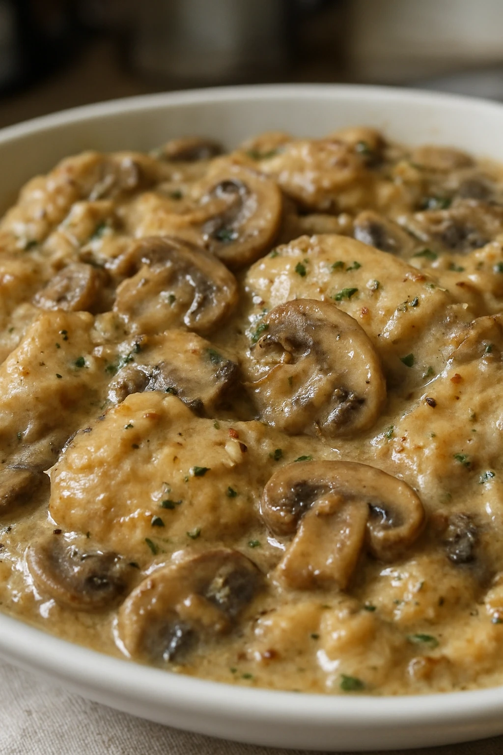 Mushroom slices being cooked in olive oil in a skillet showing golden browning and evaporation