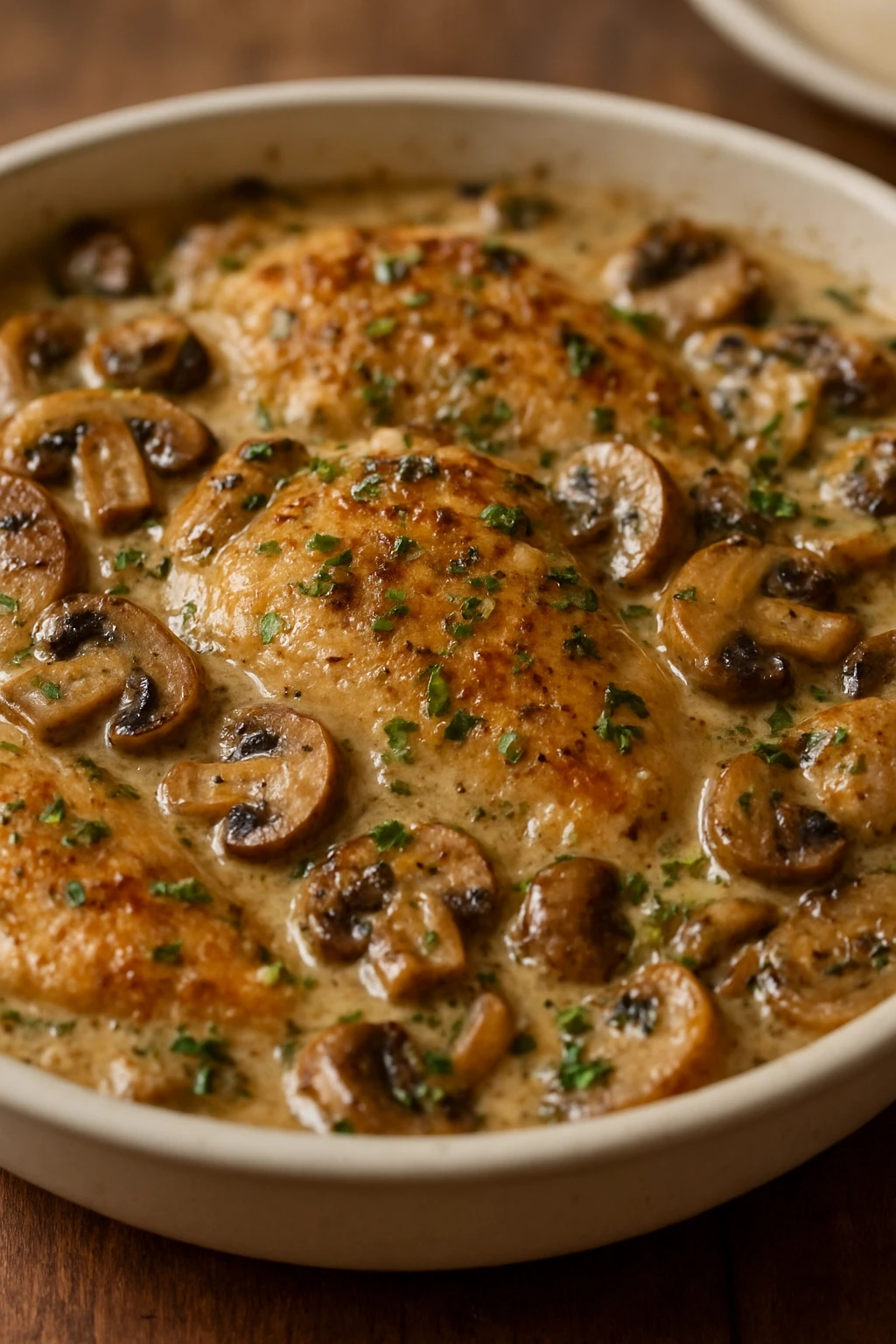 Creamy sauce coating chicken and mushrooms in skillet, showing smooth emulsified dairy mixture