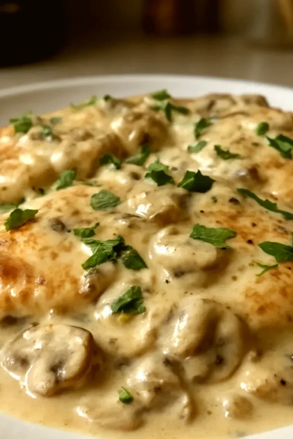 Finished creamy one-pot chicken showing silky, evenly-colored sauce with tender cooked broccoli florets and opaque cooked chicken pieces