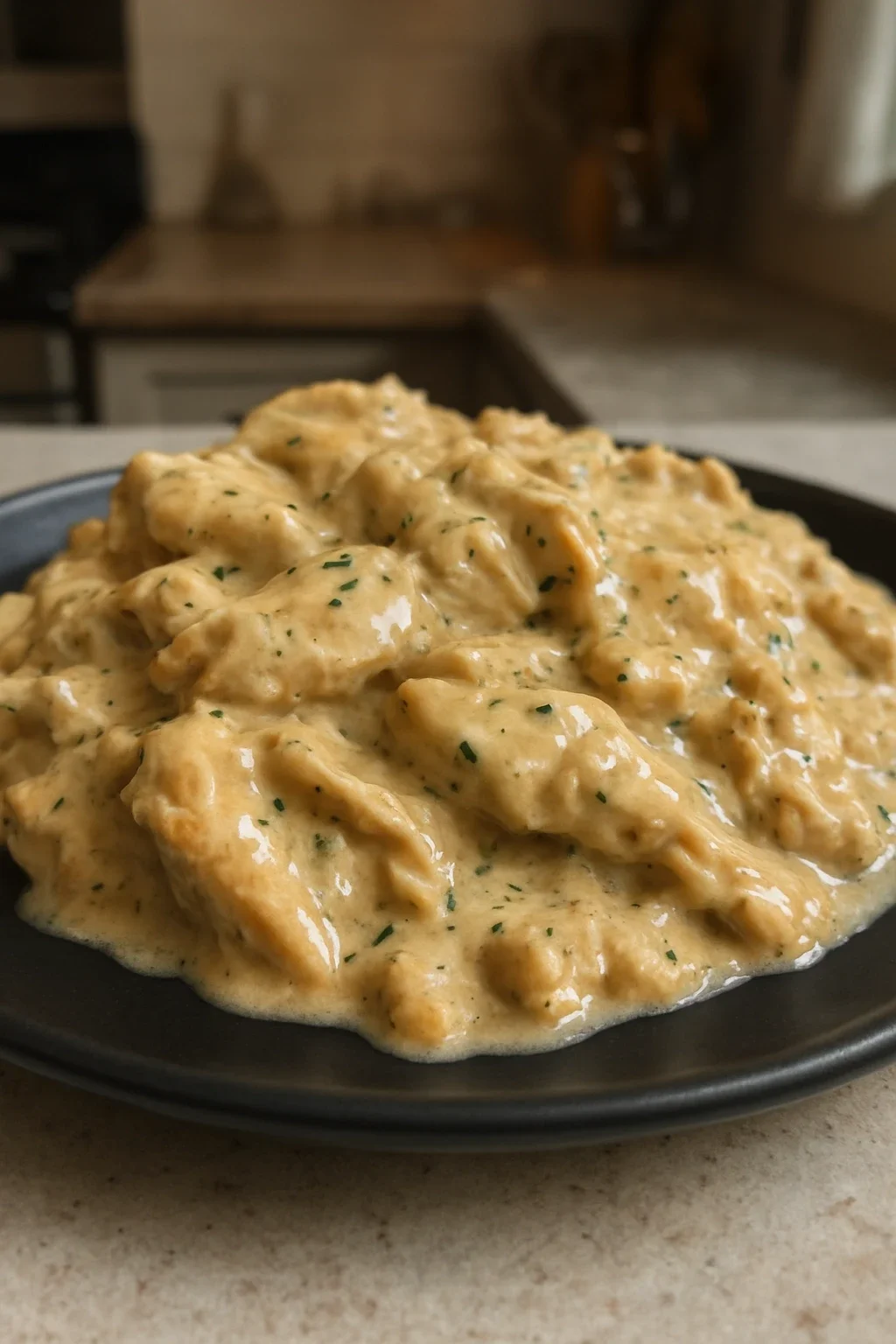Raw chicken breast being browned in a hot skillet, showing golden-brown surface developing from the Maillard reaction