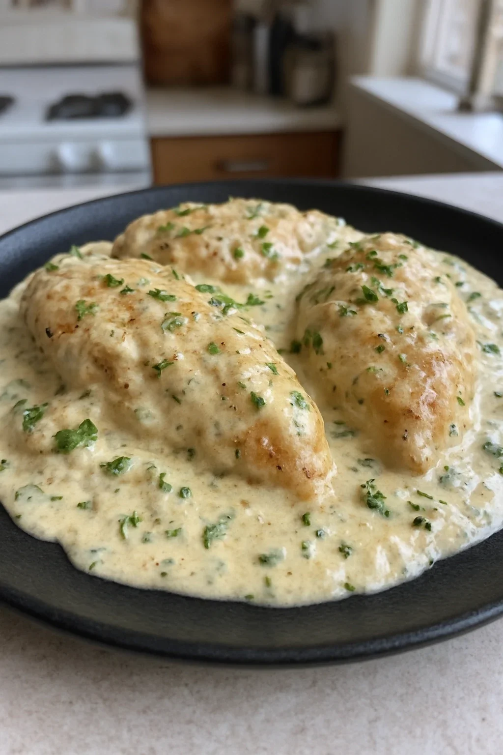 Shredded chicken being added back to the creamy sauce in the crockpot, showing creamy ranch sauce with vegetables