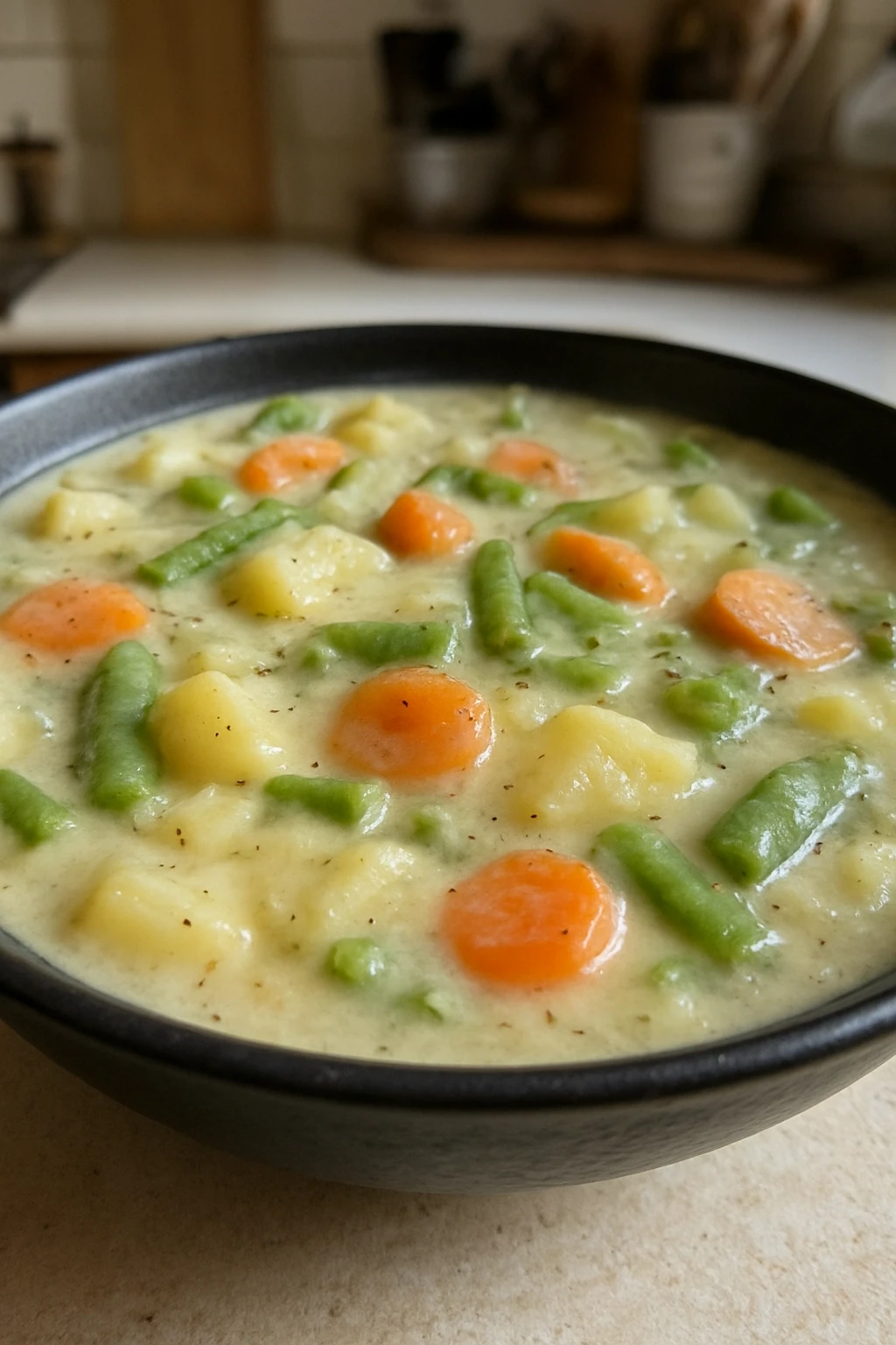 Pot of soup at gentle simmer showing small bubbles breaking surface and visible vegetables