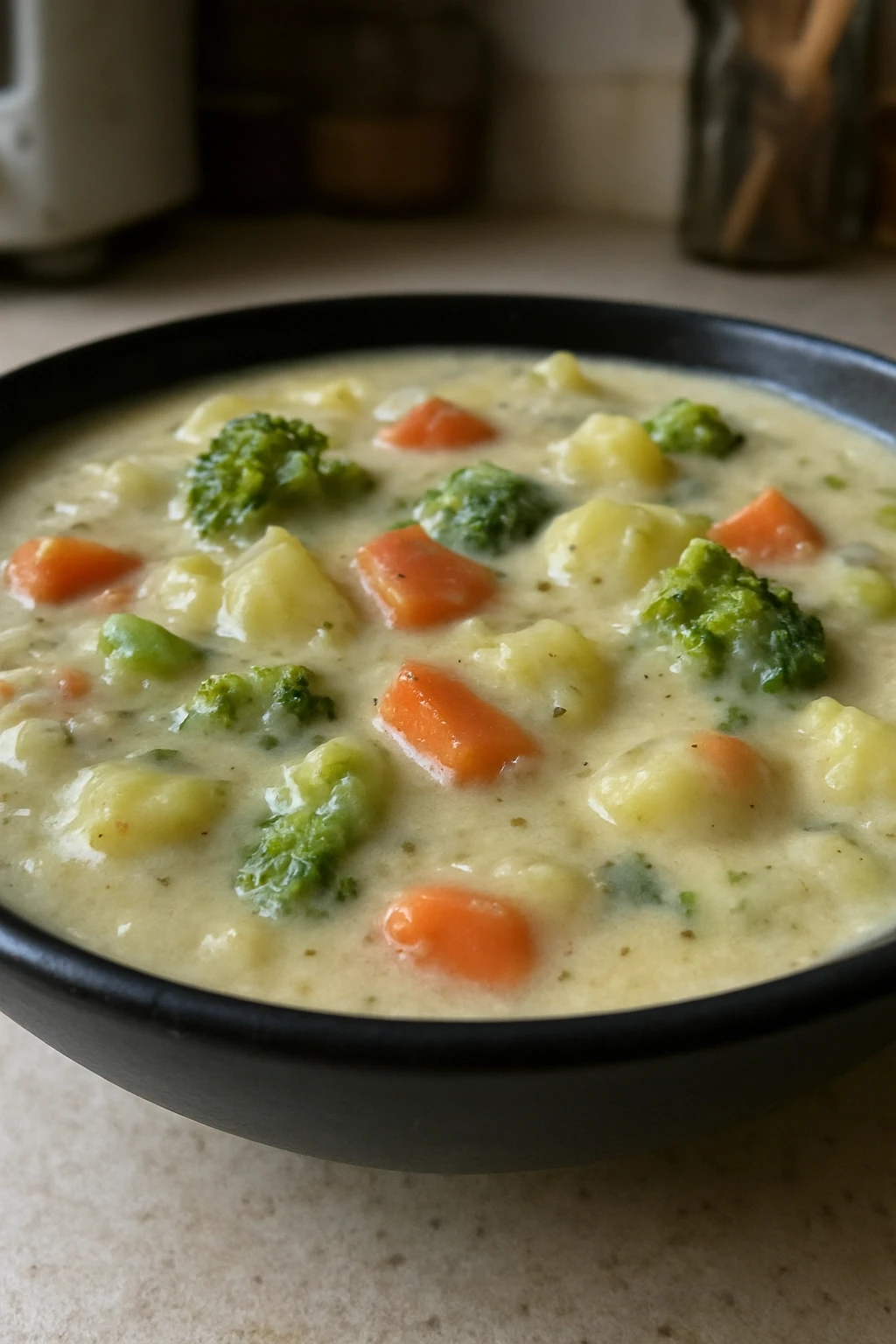 Immersion blender in pot of soup showing partially blended vegetables with some chunks remaining