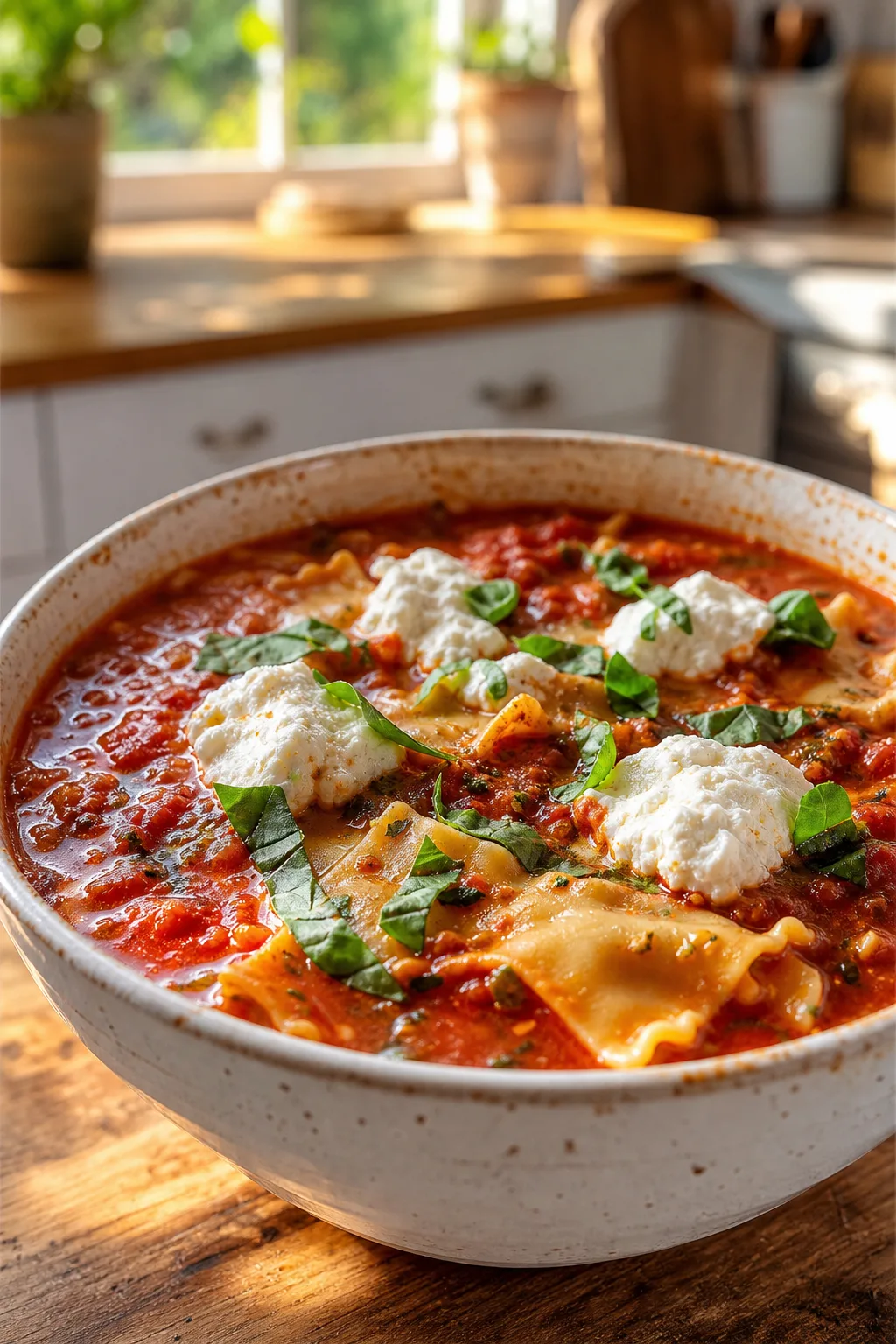Cozy Vegetarian Lasagna Soup with Rich Tomato and Creamy Ricotta
